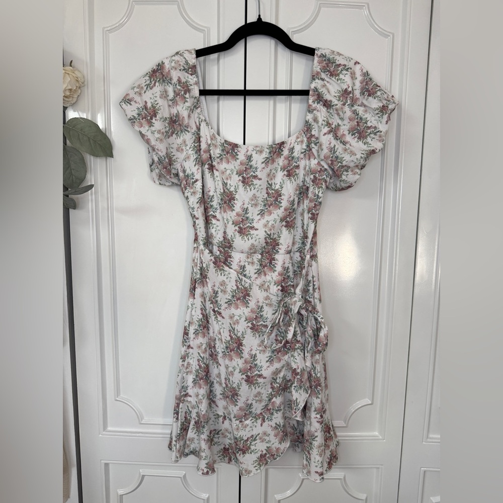 Trixxi White Floral Mini Dress with Dusty Pink & Green Accents